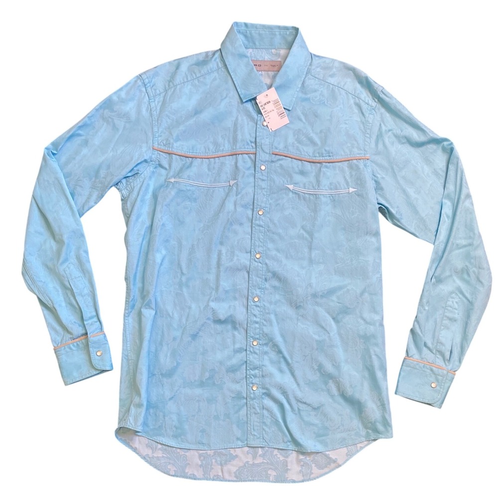 Etro Western Shirt Blue Mens Medium Paisley Jacquard Pearl Snap Front Italy New